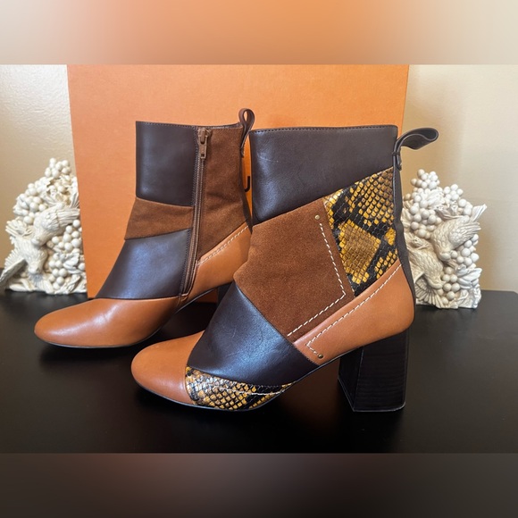 SEE BY CHLOE- TYRA PATCHWORK BOOT BROWN/TAN SNAKE - Size 38 (7.5) - Firm Price - Picture 1 of 6